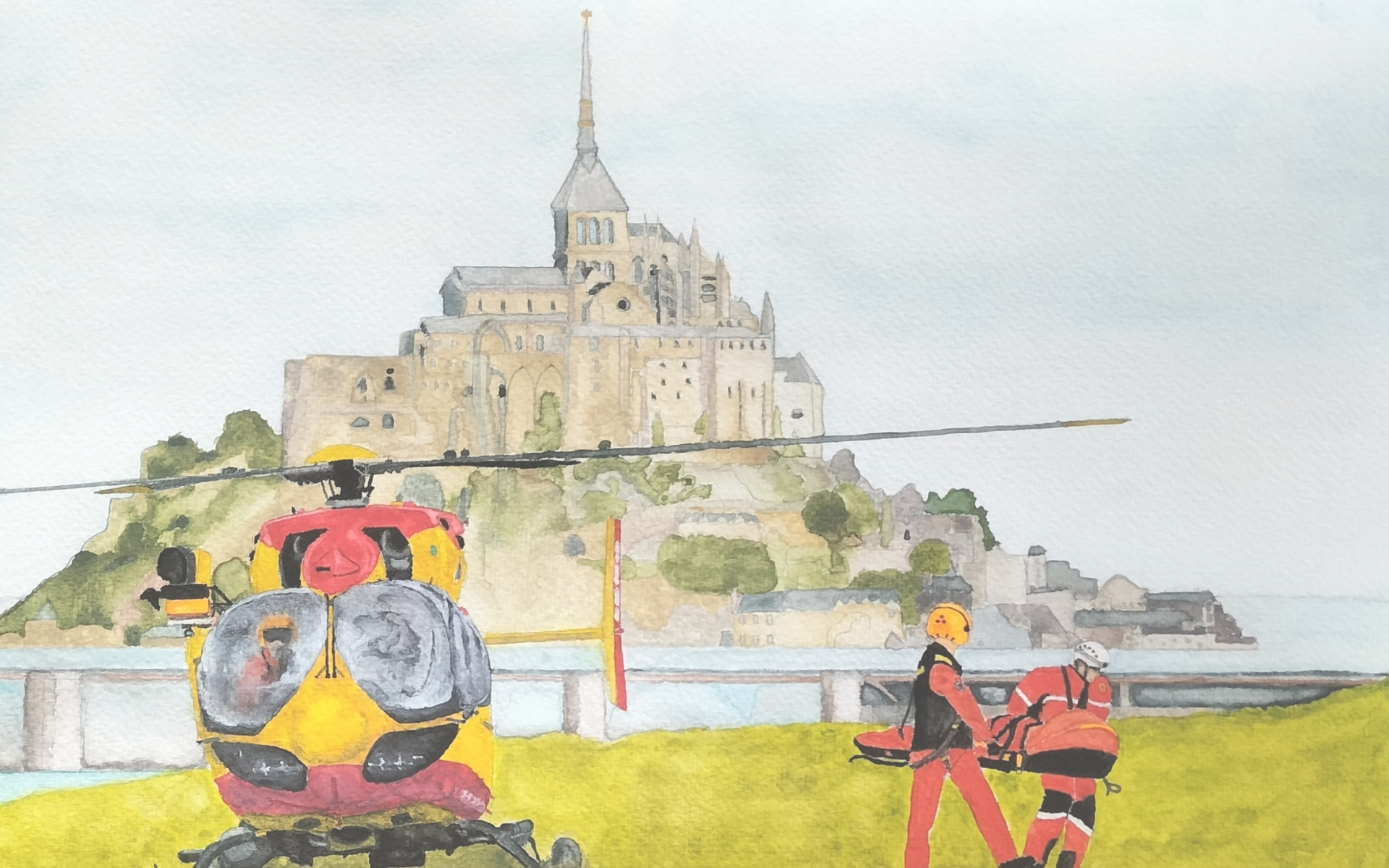 Aquarelle représentant l'hélicoptère Dragon 50 de la Sécurité Civile devant le Mont-Saint-Michel